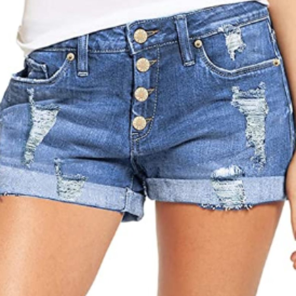 Ripped Denim Jean Shorts Mid Rise Stretchy Folded